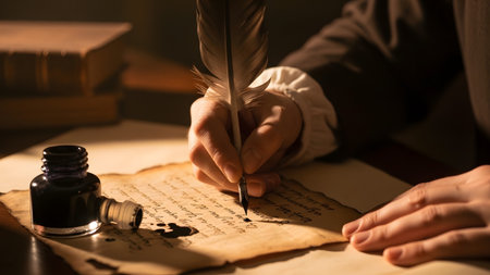 A hand writes with a quill pen on parchment paper with ink splatters and an inkwell nearby.