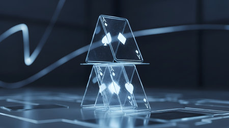 House showing a transparent house of cards made of ace playing cards glows with blue light...