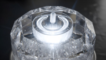 A clear, faceted crystal with a brightly glowing power symbol at its core, emitting intense...