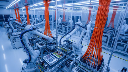 Robotic arms operate on an automated assembly line in a brightly lit, sterile clean room with...