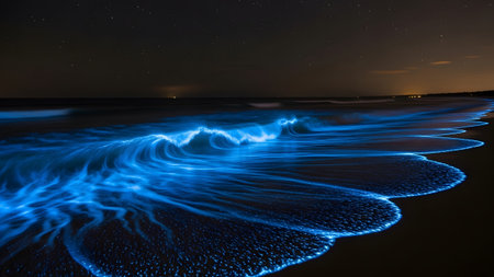 Sandy showing bioluminescent ocean waves glowing bright blue on a dark sandy beach under a...の写真素材