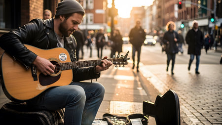 While showing bearded man in beanie and leather jacket playing acoustic guitar on city street...