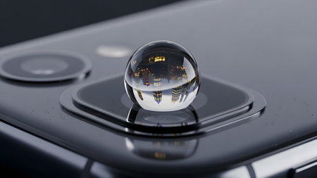 Reflecting showing clear water droplet on smartphone camera lens reflecting city buildings.