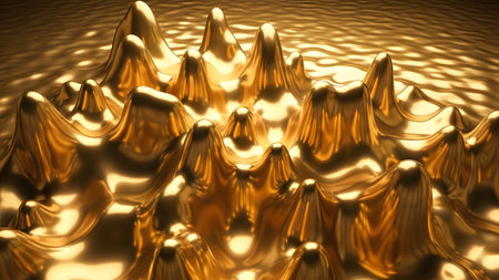 Reflections showing abstract golden liquid landscape with many peaks and reflections.の写真素材