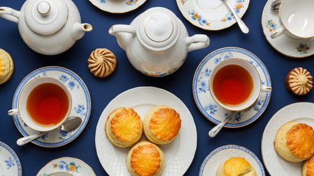 A collection of white teacups, teapots, and golden-brown scones arranged on a dark blue surface...の写真素材