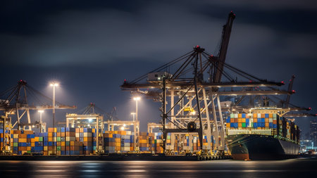 Illuminated shipping port at night with stacked cargo containers, large cranes, and a docked...