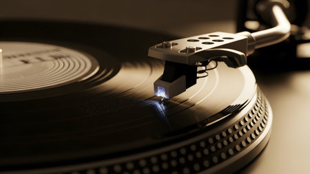 A detailed close-up of a record player stylus resting on a spinning black vinyl record, bathed...