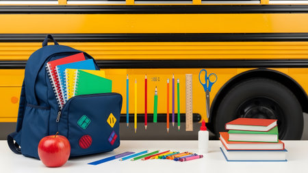 A blue backpack sits on a white surface with books, pencils, crayons, and an apple, in front of...