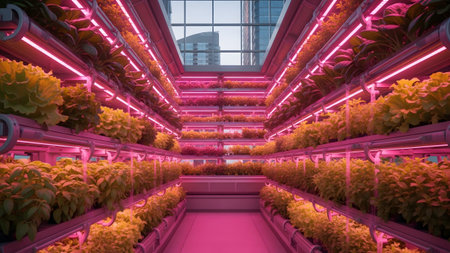 (475) showing abundant rows of yellow and green plants thrive under bright pink led lights in a...