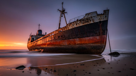 Reflections showing abandoned rusty freighter stranded on a beach at sunset with calm water...
