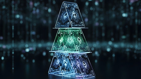 House showing a multi-layered house of cards constructed from transparent playing cards with...の写真素材