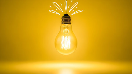 Incandescent showing bright incandescent light bulb with sparkle rays on yellow background.