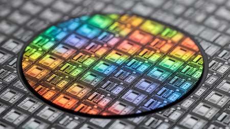 Circular silicon wafer displaying colorful rainbow circuits and a detailed grid pattern in a...