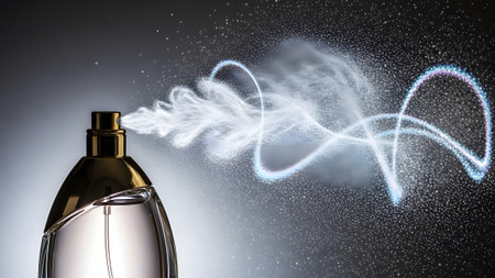 Gold showing clear perfume bottle with gold cap emitting a swirling white and blue mist with...
