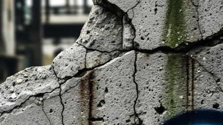 Green showing close-up of cracked concrete wall with rebar and green moss stains.の写真素材
