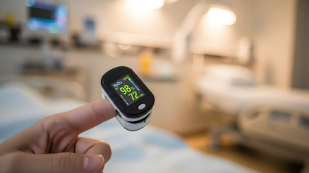 Finger showing close up of a black pulse oximeter on a finger in a hospital room with blurred...