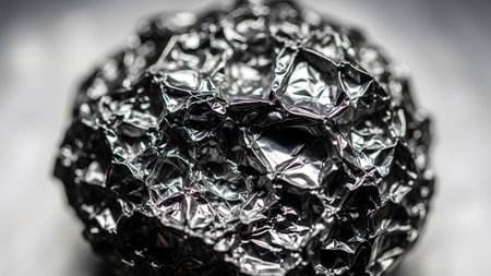 A detailed macro view of crumpled silver foil, showcasing intricate folds, sharp highlights, and...の写真素材