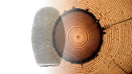 Cross-section showing close-up of a fingerprint pattern against a white background and a wood...