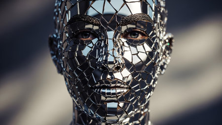 A close-up portrait of a face constructed from shattered mirror pieces, reflecting light and a...の写真素材