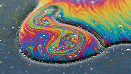 Liquid showing close-up of a colorful iridescent liquid surface with swirling patterns and...