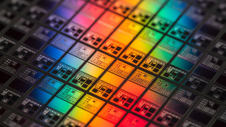 Colorful showing close up of a silicon wafer with colorful iridescent patterns reflecting light...の写真素材