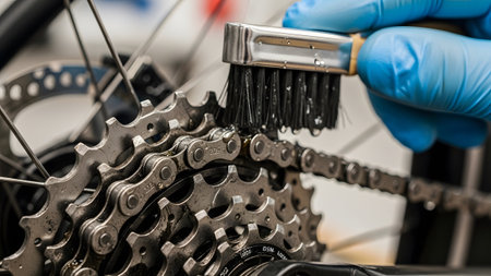 Blue showing close up of blue gloved hand cleaning bicycle chain with brush and water.