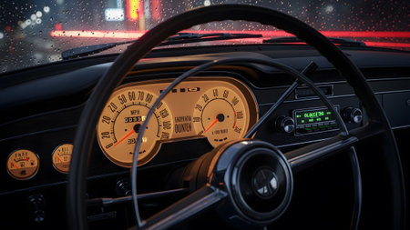 Classic showing classic car dashboard with illuminated gauges and steering wheel in rainy night....
