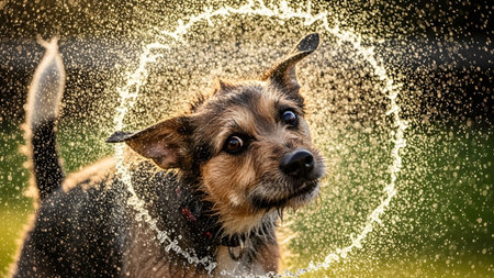 Water showing close-up of a wet dog shaking water off its fur creating a splashing halo effect....