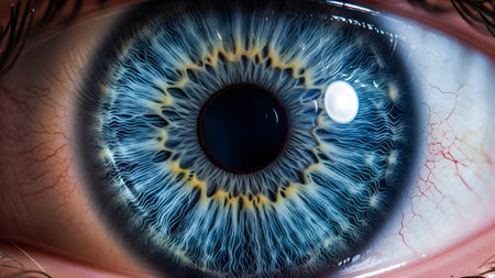 Central showing close-up macro of a blue and yellow human iris showing detailed fibers and a...