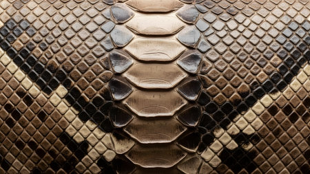View showing close-up macro view of brown and tan snake skin scales with prominent central ridge...