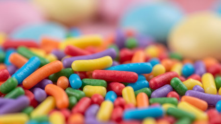 A detailed macro view of numerous colorful rod and ball shaped sprinkles with a soft focus...