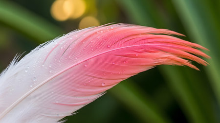 Numerous showing close-up of a pink and white feather with numerous water droplets glistening on...