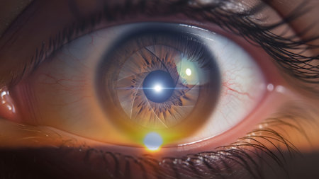 Detailed close-up of a human eye, iris reflecting a camera aperture and bright lens flare.