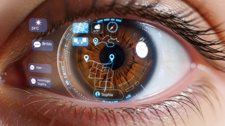 (2539) showing close-up of brown human eye with holographic display showing navigation map and...