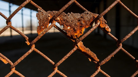 Detailed view of a heavily rusted chain link fence with a significant section missing, revealing...の写真素材