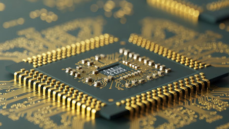 Motherboard showing close-up of a golden computer processor chip with intricate circuits on a...