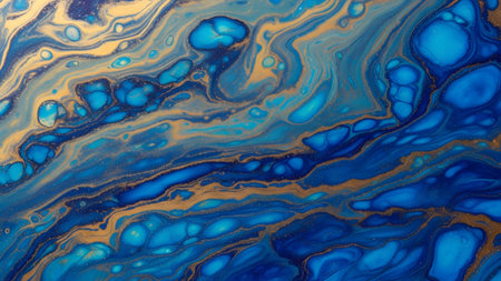 Vibrant blue and gold fluid bubbly textures and organic flowing lines in a dynamic abstract pattern.