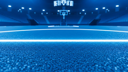 A close-up view of a blue basketball court with bright glowing lines and stadium seating in the...の写真素材