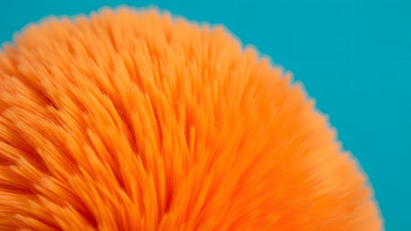 Background showing close-up abstract view of bright orange synthetic bristles against a cyan...の写真素材