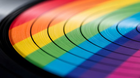 Grooves showing close-up of a vinyl record with a rainbow colored label and grooves.