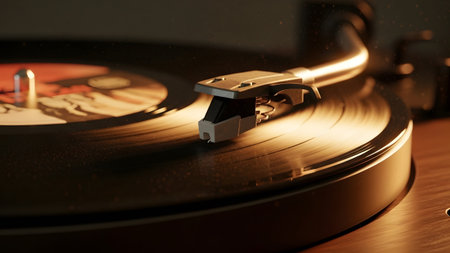 Record showing close-up of a vintage record player tonearm and stylus on a spinning vinyl...