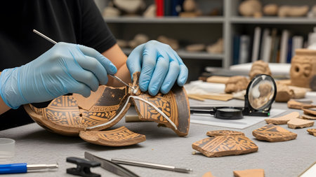 Hands in blue gloves apply white adhesive to a broken ancient ceramic fragment with patterns.