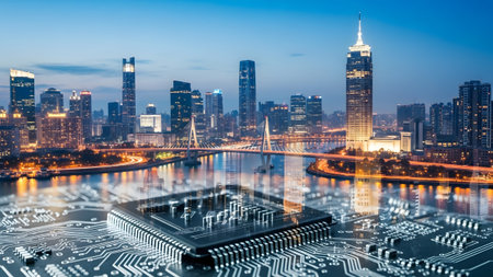 Skyline showing close-up of a computer microchip and circuit board overlaying a city skyline and...