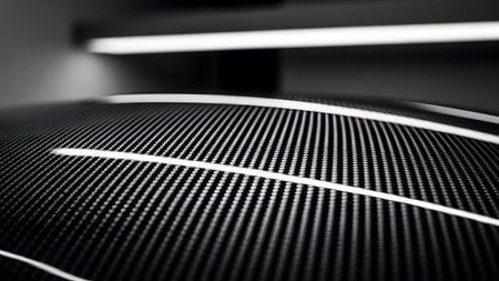 A detailed, close-up view of a black carbon fiber weave pattern with bright white light...の写真素材