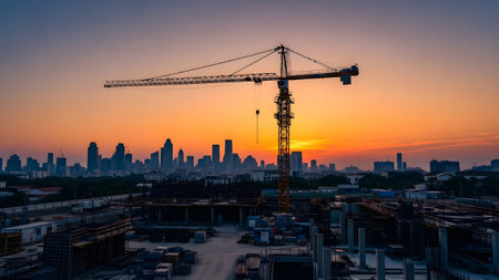 Skyline showing construction site with crane and distant city skyline during a bright sunset....