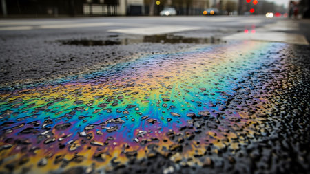 Droplets showing close-up of iridescent oil slick on wet asphalt with water droplets and blurred...の写真素材