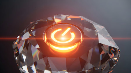 (1297) showing cut diamond with embedded glowing orange power button symbol and lens flare.