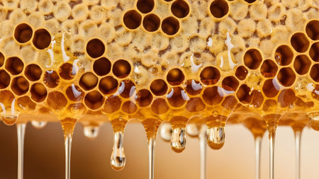Close-up view of a golden honeycomb with thick honey dripping from its hexagonal cells in a...