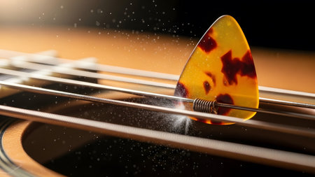 A patterned guitar pick makes contact with metal strings on an acoustic guitar, creating visible...
