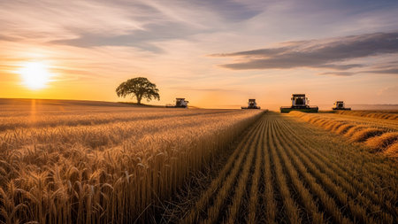 Tree showing combine harvesters working in a golden wheat field during a sunset with a lone...